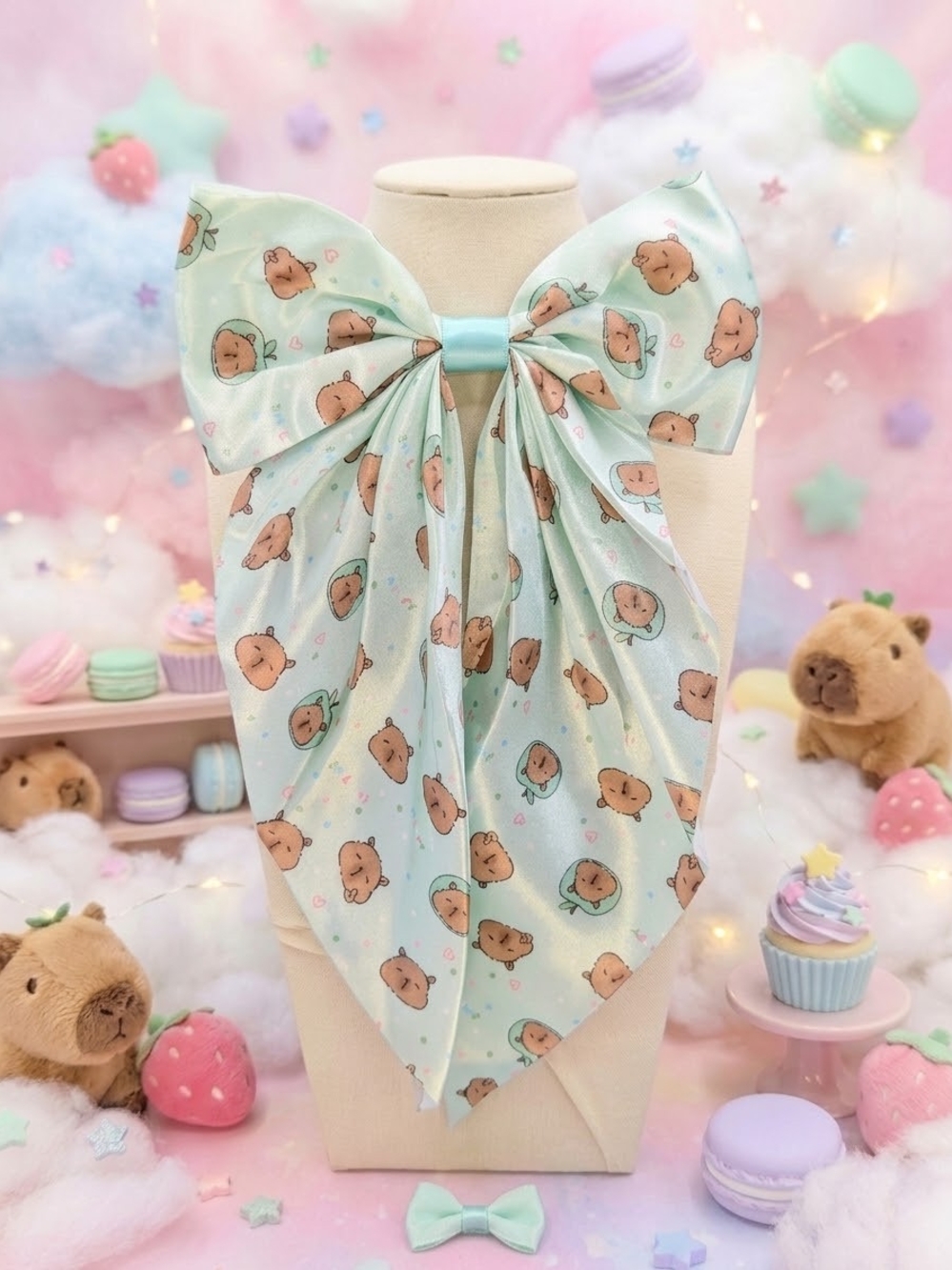 Large Long Tailed Satin Style Capybara Mint Green Hairbow
